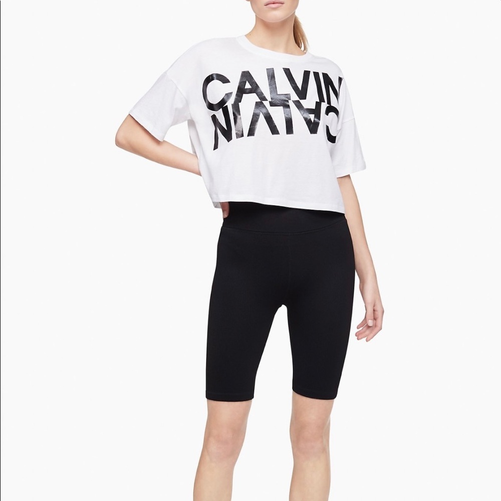 Calvin Klein Big Mirror Logo Crop Tee White Size Medium NWT